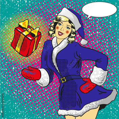 Sexy Santa pin up girl holding a gift. Vector illustration in comic pop art style. Christmas holidays concept poster