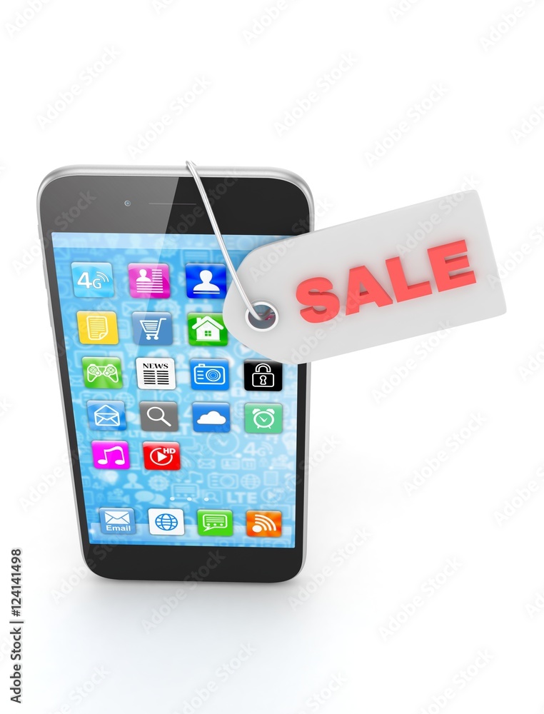 Smart phone with red sale label on white background. Best offer. Leader of sales. 3D rendering. Smart phone with red sale label on white background. Best offer. Leader of sales. 3D rendering.
