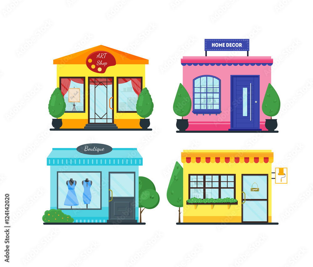 Flat shop set. Shopping mall building. Set of colorful funny cartoon city store. Market shop place. Business marketing collection. Infographic elements. Isolated vector illustration.