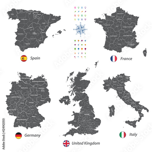 high detailed vector maps and flags of United Kingdom, Italy, Germany, France and Spain with administrative divisions. All layers detachable and labeled. 