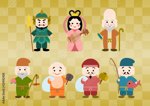 七福神のイラスト（金色市松模様背景）