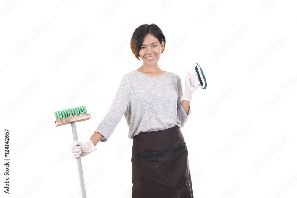 young women working professional cleaners isolated on white background young women working professional cleaners isolated on white background