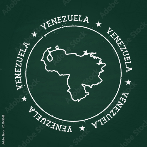 White chalk texture rubber seal with Bolivarian Republic of Venezuela map on a green blackboard. Grunge rubber seal with country outlines, vector illustration.