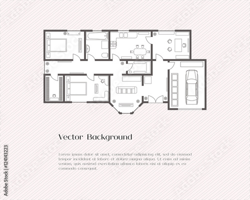 House plan background for card or banner, presentation template, real estate, social advertising or notebook cover, poster, postcard. Building with furniture. Vector illustration.