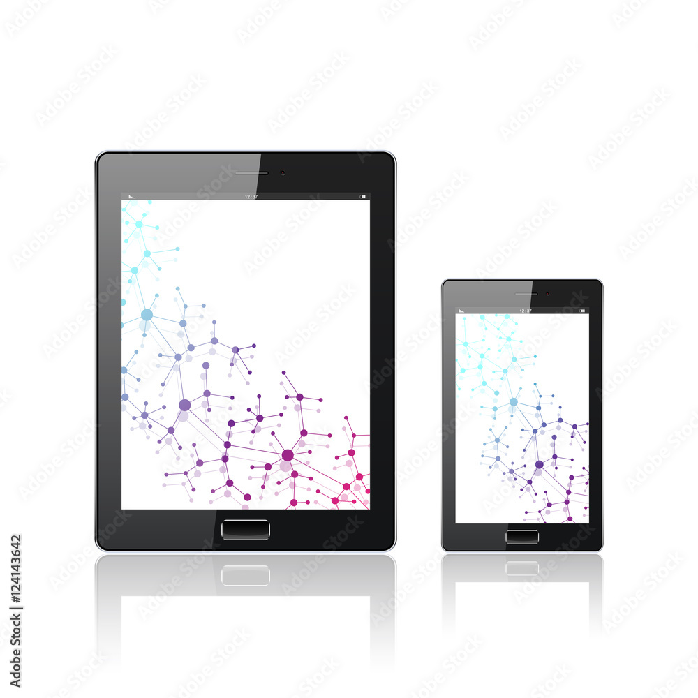 Modern digital tablet PC with mobile smartphone isolated on the white. Molecule and communication background. Science concept. Vector Illustration. Modern digital tablet PC with mobile smartphone isolated on the white. Molecule and communication background. Science concept. Vector Illustration.
