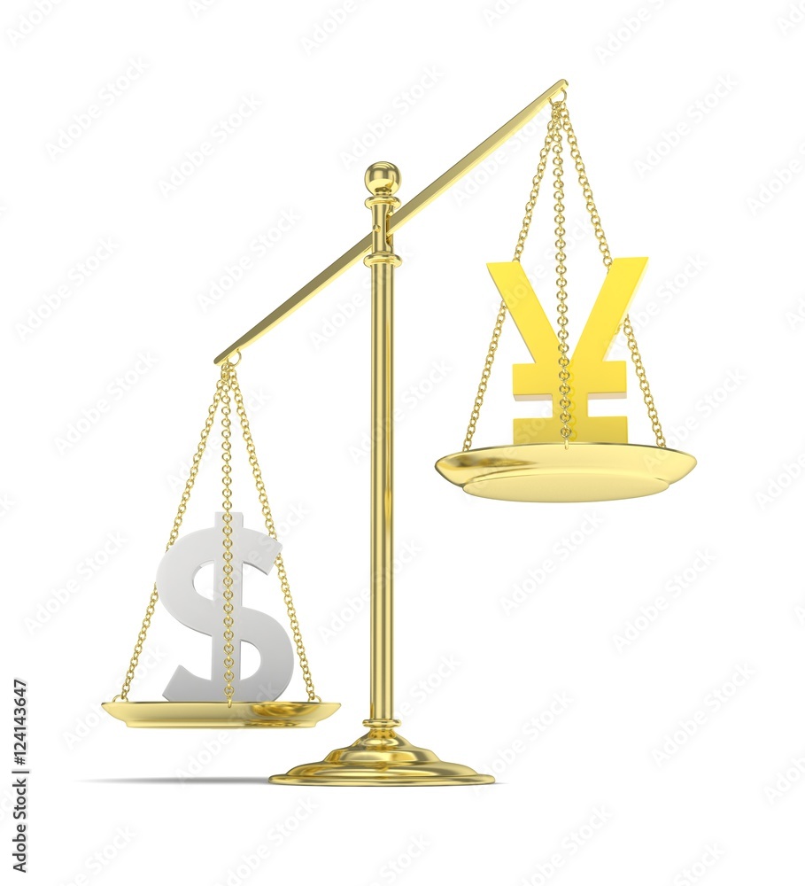 Isolated old fashioned pan scale with dollar and yuan,yen on white background. American and chinese and japanese currency. Dollar is heavier. Silver usd, golden yuan. 3D rendering. Isolated old fashioned pan scale with dollar and yuan,yen on white background. American and chinese and japanese currency. Dollar is heavier. Silver usd, golden yuan. 3D rendering.