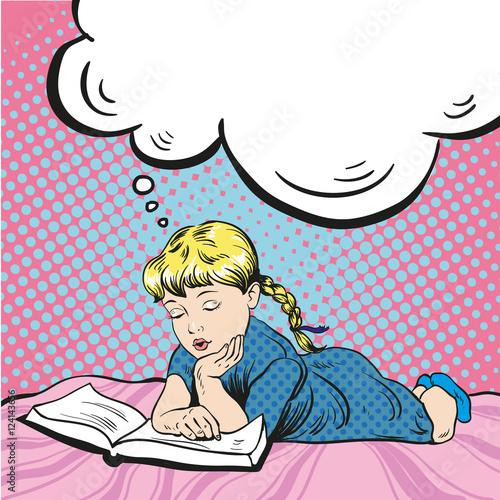 Little girl reading book on a bed. Vector illustration in comic pop art style. Dreaming about something