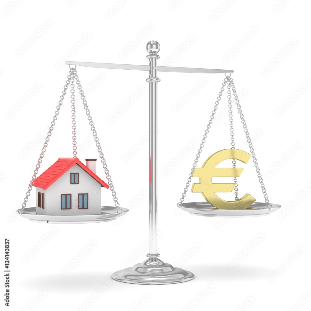Isolated silver scales with golden euro and house on white background. Investment or savings concept. Real estate and currency. 3D rendering. Isolated silver scales with golden euro and house on white background. Investment or savings concept. Real estate and currency. 3D rendering.