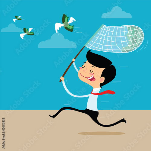 Businessman to happy chasing flying money with a butterfly net., vector cartoon