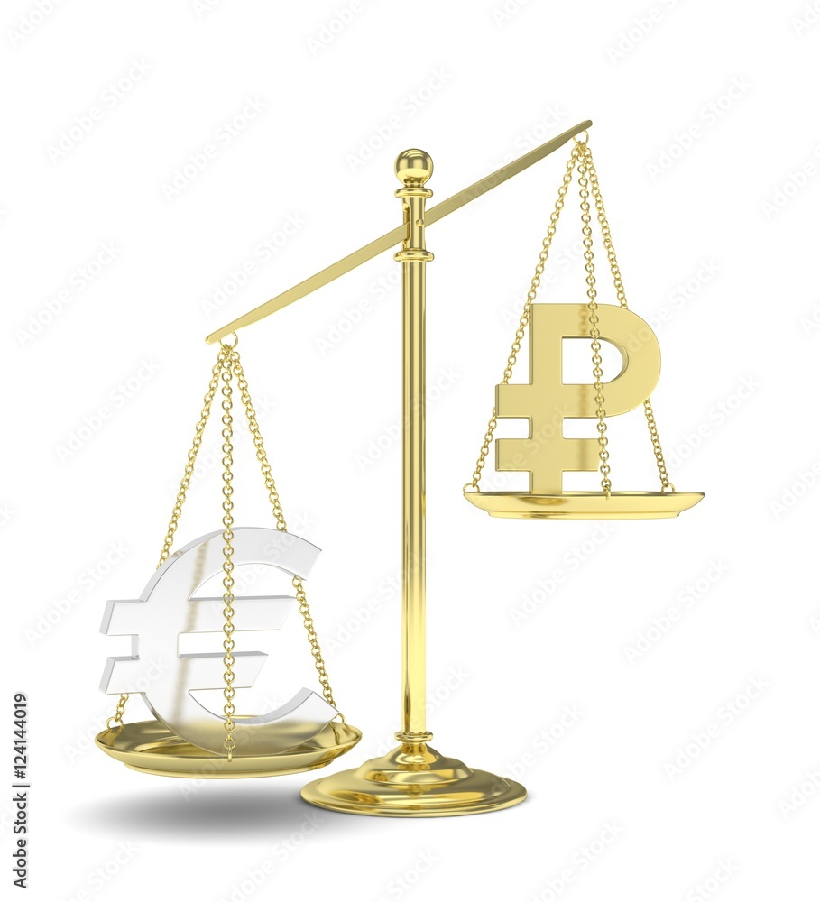 Isolated golden scales with silver euro and golden ruble currency. Russian and european finance. Measuring of market stability. 3D rendering. Isolated golden scales with silver euro and golden ruble currency. Russian and european finance. Measuring of market stability. 3D rendering.