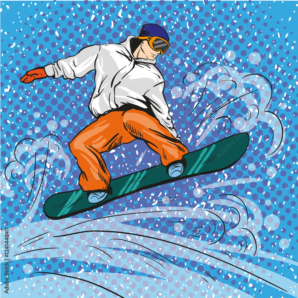 Man snowboarding in mountains. Vector illustration in pop art retro style.  Winter sports vacation concept. Sportsman jump with snowboard Stock Vector  | Adobe Stock