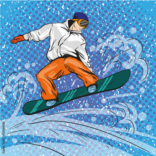 Man snowboarding in mountains. Vector illustration in pop art retro style. Winter sports vacation concept. Sportsman jump with snowboard