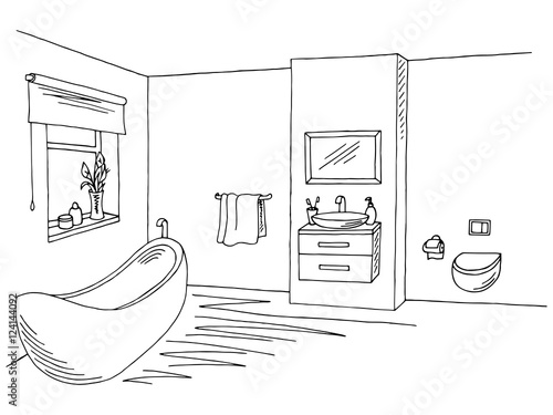 Bathroom interior black white graphic art sketch illustration vector