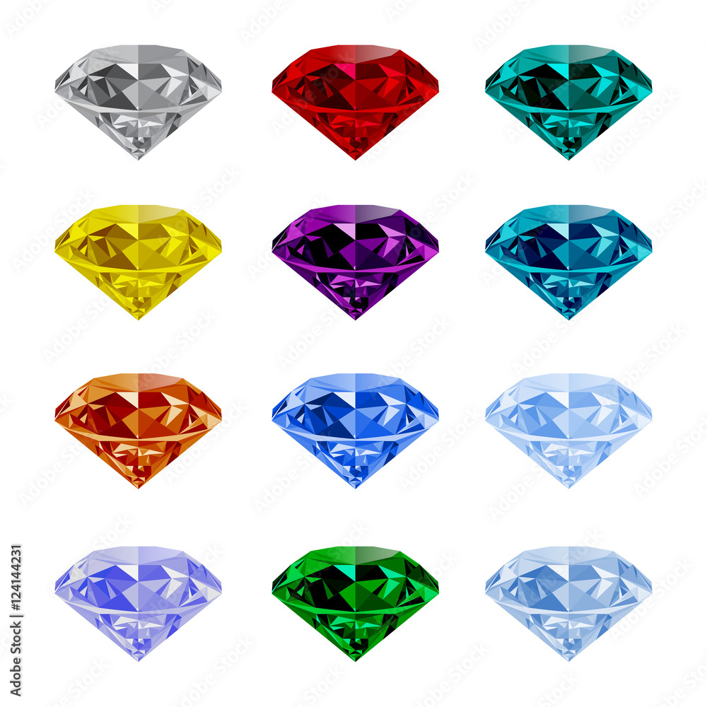 Set of shining jewels isolated on white background. Jewel and jewelry.  Colorful gems and gemstones. Diamond, emerald, ruby, topaz, sapphire,  garnet, grandidier, tourmaline vector and logo Stock Vector