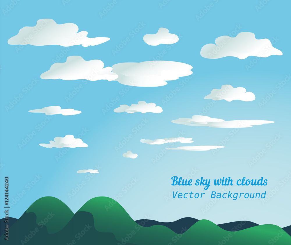 Cloudscape concept. Blue sky with fluffy clouds background. Cloudy daylight empty green mountain landscape in sunny weather. Organized layers. Easy text replace. Vector illustration