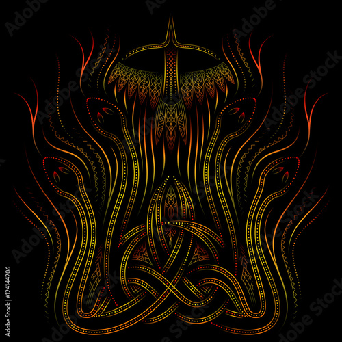 fire, celtic ornament with snakes and birds, vector