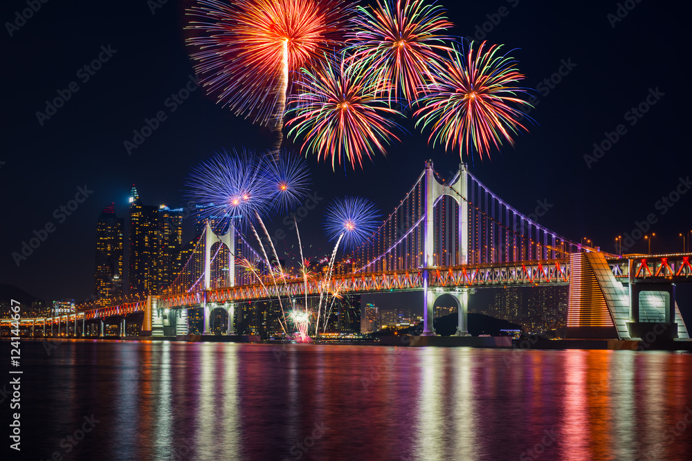 Colorful fireworks and Gwangan Bridge in Busan City , South Kore