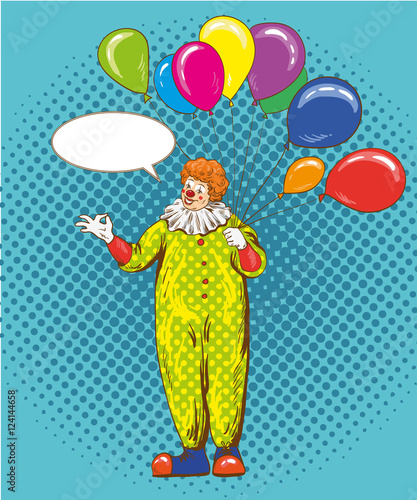 Smiling clown cartoon character with colorful balloons. Vector illustration in comic pop art style.