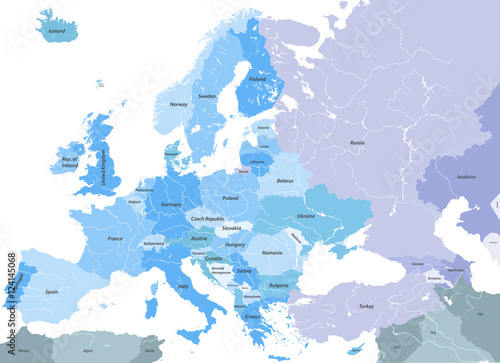 Europe high detailed vector political map with country names and main european rivers. All elements separated in detachable and labeled layers