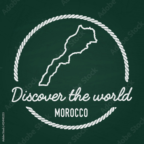 White chalk texture hipster insignia with Kingdom of Morocco map on a green blackboard. Grunge rubber seal with country outlines, vector illustration.