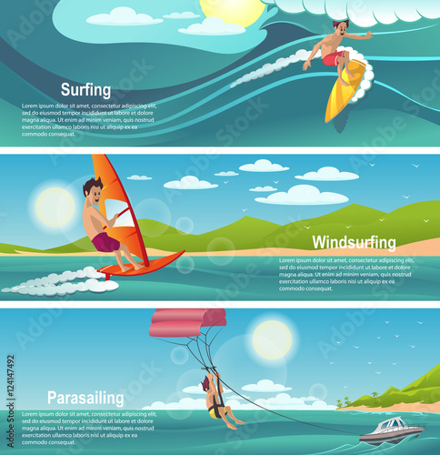 Summer sports banner. Surfing, Parasailing, Windsurfing. Summer fun, Summer landscape, Summer vacation