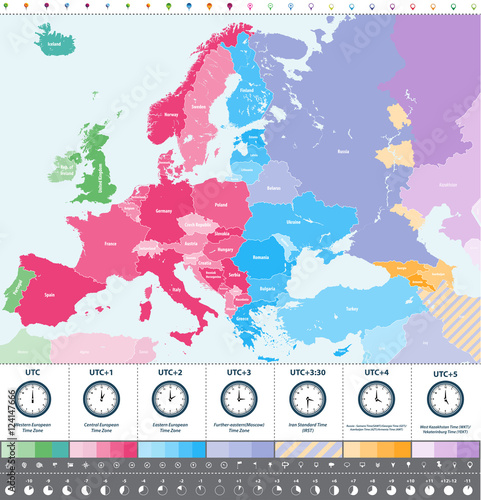 Europe time zones high detailed vector map with location and clock icons. All layers detachable and labeled
