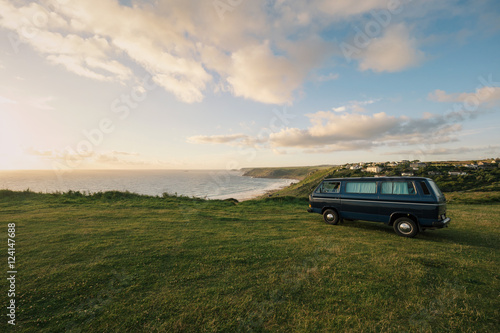 Old vintage van parking at the coastline of Cornwall, England © desertcut