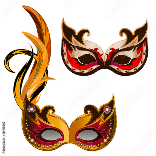 Set of carnival mask with feathers isolated on white background. Red and yellow mask.
