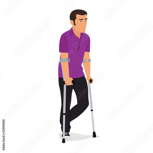 man on crutches isolated on white background.