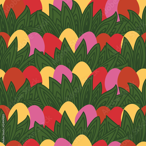 Cute funny seamless pattern background with coloured eggs hidden in green leaves. Easter holiday symbol. Vector illustration eps