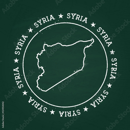 White chalk texture rubber seal with Syrian Arab Republic map on a green blackboard. Grunge rubber seal with country outlines, vector illustration.