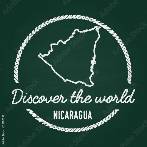 White chalk texture hipster insignia with Republic of Nicaragua map on a green blackboard. Grunge rubber seal with country outlines, vector illustration.