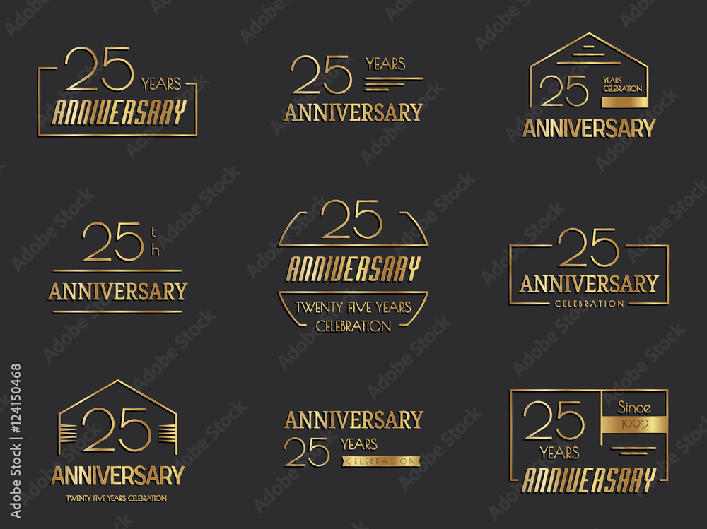 Twenty five years anniversary celebration logotype. 25th anniversary logo set.