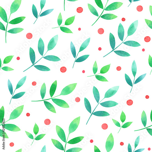 Watercolor seamless pattern with green leaves and red berries