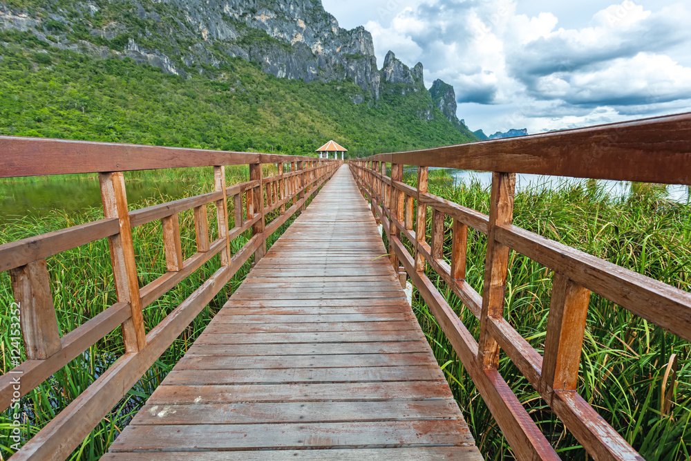Beautiful of wooden bridge and lake in Sam Roi Yot National Park, Prachuap Khiri Khan, Thailand