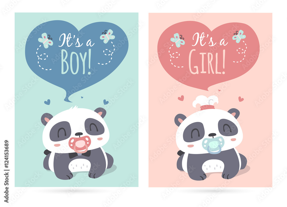 Obraz premium wektor kreskówka styl słodkie panda to ilustracja chłopiec i dziewczynka