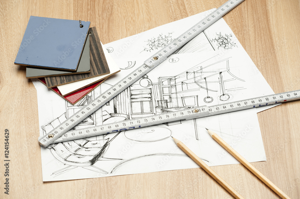 Fototapeta premium Architecture rolls of architectural plans for the project of architect blueprints.