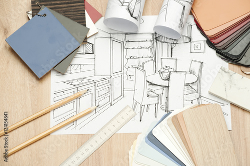 Architecture rolls of architectural plans for the project of architect blueprints.
