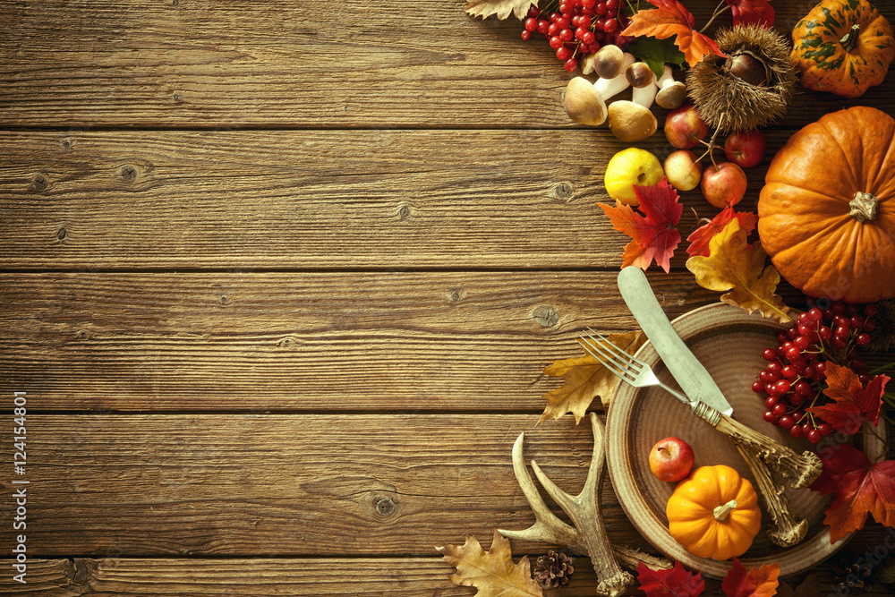 Autumn background from fallen leaves and fruits with vintage pla - obrazy, fototapety, plakaty 