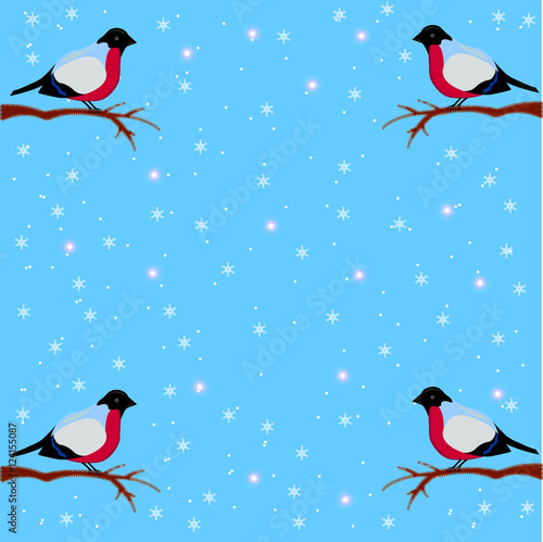 Winter background with bullfinches on snow background, sitting on a branch