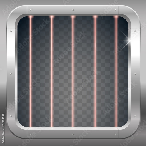 Fantastic steel portal prison cell, laboratory or a bank with a grid of laser beams. Vector graphics