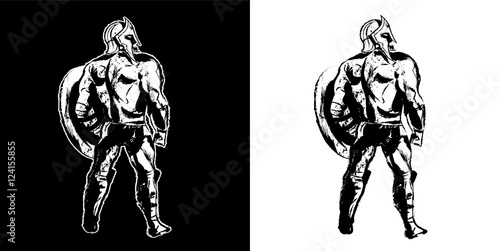 Spartan with shield and helmet from back