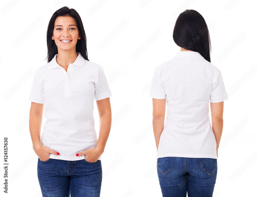 Happy woman in white polo shirt - obrazy, fototapety, plakaty 