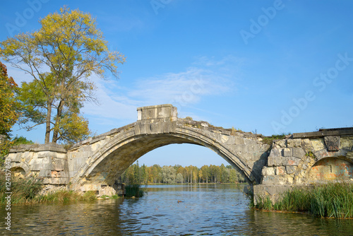 The remains of the old Humpback bridge on White lake. September in Gatchina Park, Russia