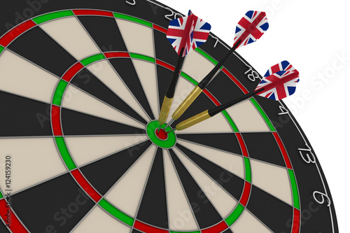 Dart Board with Three UK Flag Darts in Bullseye 3D Illustration
