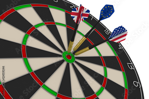 Dart Board with UK, EU and US Flag Darts in Bullseye 3D Illustration