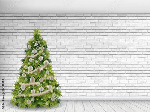 Interior living room with christmas tree on brick wall. Vector christmas background.