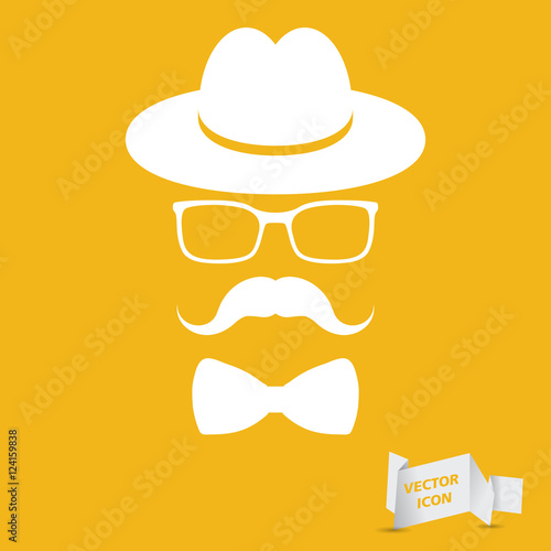 white hat with mustache, bow tie and glasses isolated on the yel