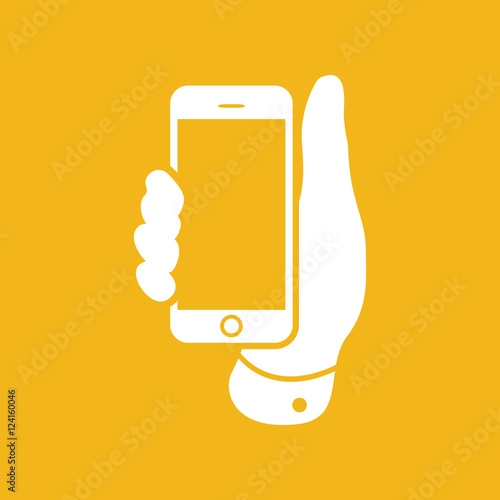 Mobile phone in hand icon on a yellow background - vector illust