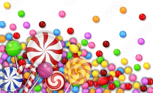 Sweet of candies with lollipop on white background
